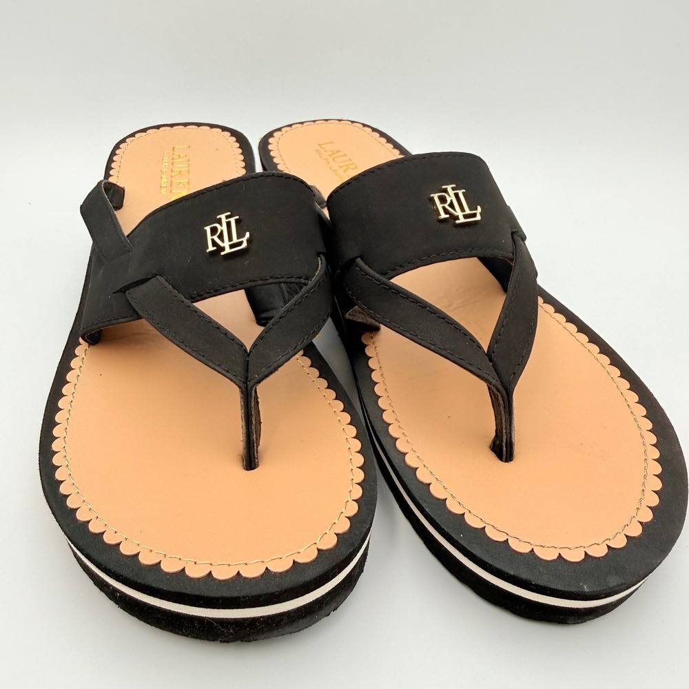 Lauren Ralph Lauren Rosalind Black Wedge Thong Sandals Gold Logo Size 8B